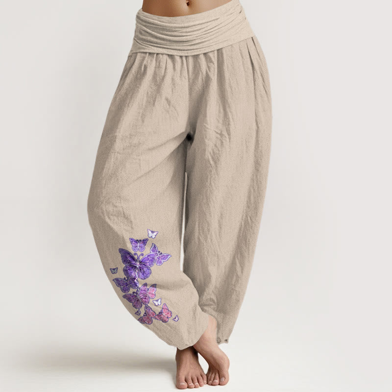 Pantaloni harem da donna con elastico in vita e motivo a farfalla in puro cotone color pastello Buddha Stones - Tan - US16, UK/AU20, EU48 (3XL) - image 11