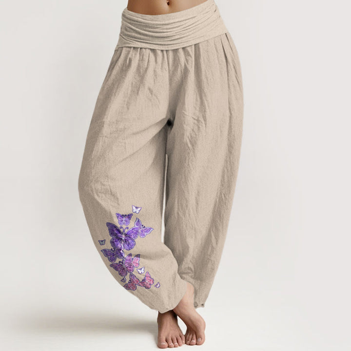 Pantaloni harem da donna con elastico in vita e motivo a farfalla in puro cotone color pastello Buddha Stones - Tan - US16, UK/AU20, EU48 (3XL) - image 11