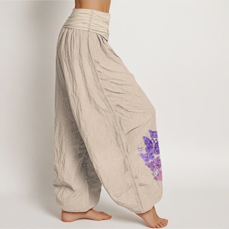 Pantaloni harem da donna con elastico in vita e motivo a farfalla in puro cotone color pastello Buddha Stones - image 13