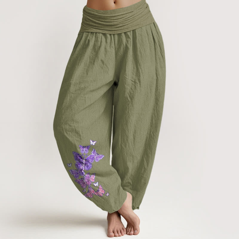 Pantaloni harem da donna con elastico in vita e motivo a farfalla in puro cotone color pastello Buddha Stones - Verde oliva - US16, UK/AU20, EU48 (3XL) - image 14