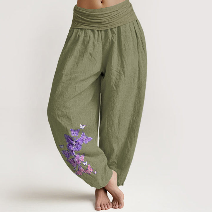 Pantaloni harem da donna con elastico in vita e motivo a farfalla in puro cotone color pastello Buddha Stones - Verde oliva - US16, UK/AU20, EU48 (3XL) - image 14