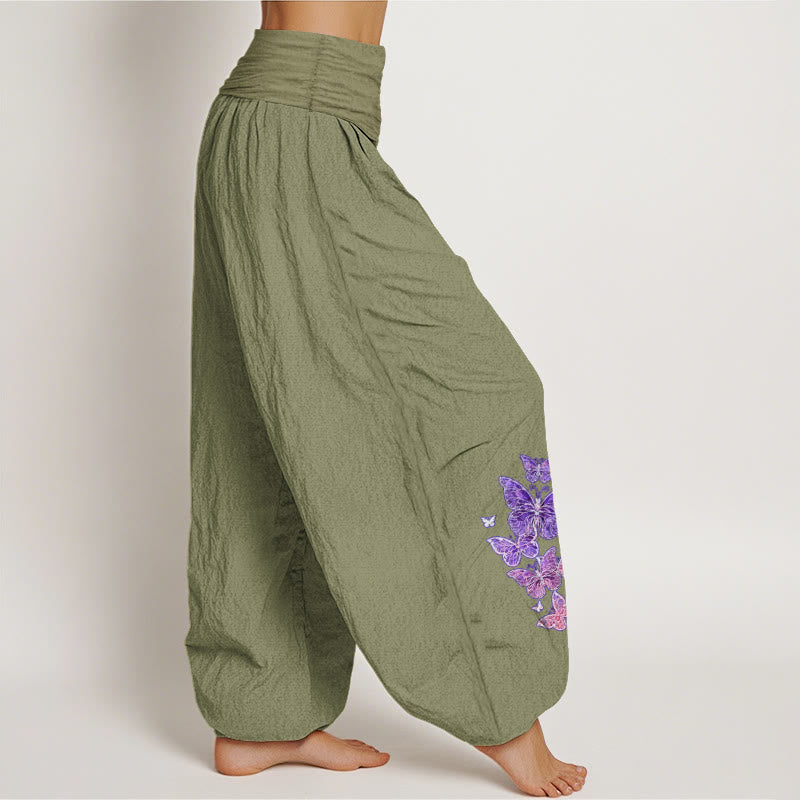 Pantaloni harem da donna con elastico in vita e motivo a farfalla in puro cotone color pastello Buddha Stones - image 16