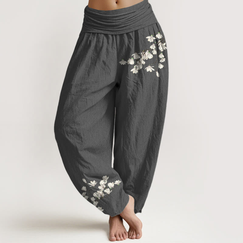 Pantaloni harem da donna con elastico in vita, in puro cotone, con motivo a fiori di magnolia, modello Buddha Stones - Grigio scuro - US16, UK/AU20, EU48 (3XL) - image 0