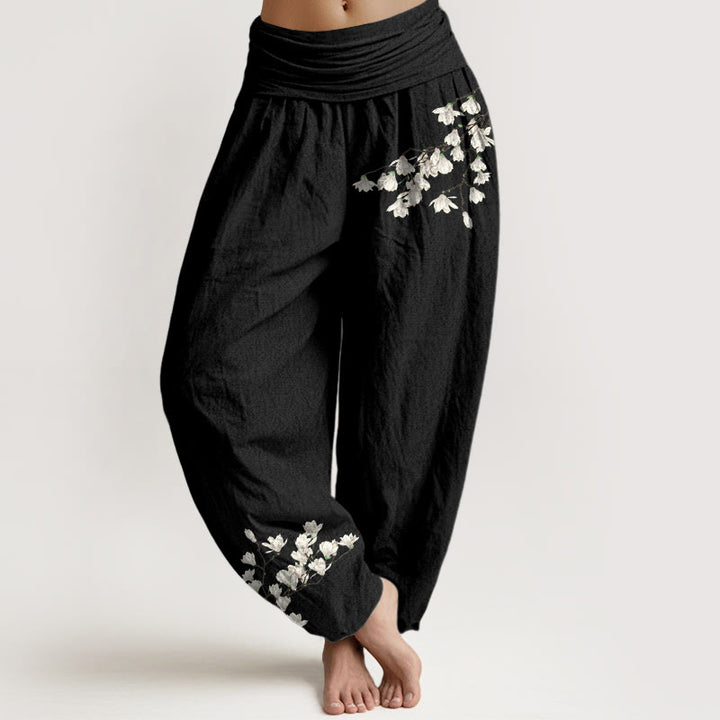 Pantaloni harem da donna con elastico in vita, in puro cotone, con motivo a fiori di magnolia, modello Buddha Stones - Nero - US16, UK/AU20, EU48 (3XL) - image 5