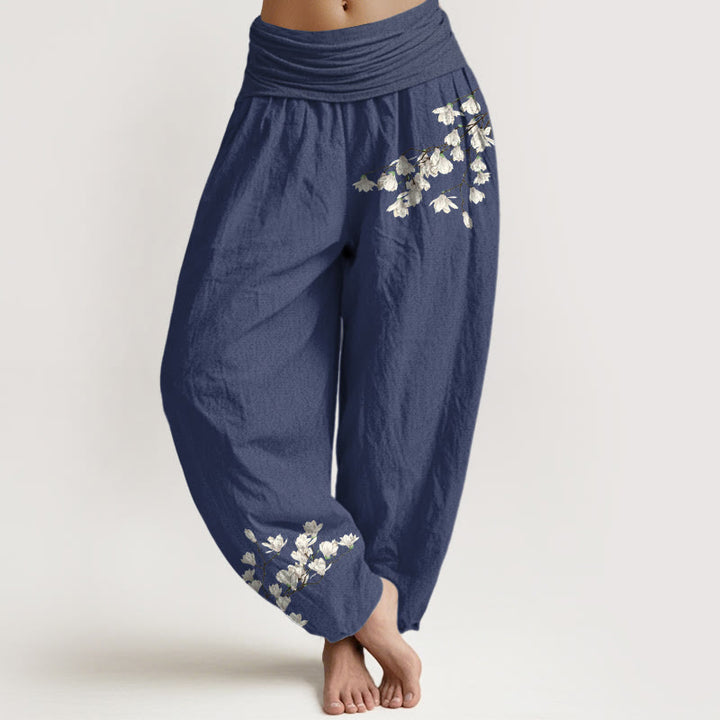 Pantaloni harem da donna con elastico in vita, in puro cotone, con motivo a fiori di magnolia, modello Buddha Stones - DarkSlateBlue - US16, UK/AU20, EU48 (3XL) - image 8