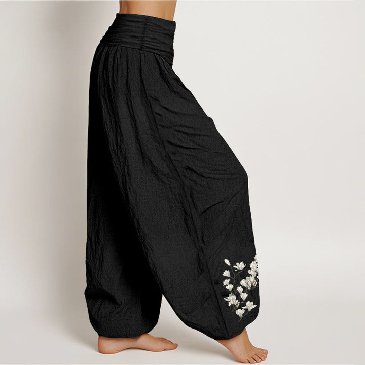 Pantaloni harem da donna con elastico in vita, in puro cotone, con motivo a fiori di magnolia, modello Buddha Stones - image 7