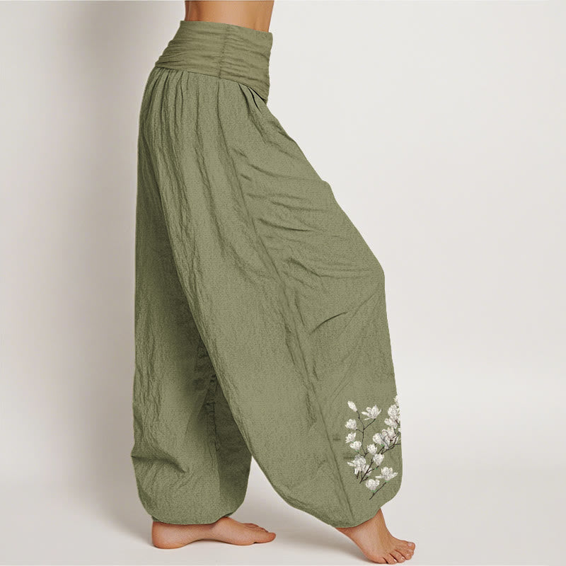 Pantaloni harem da donna con elastico in vita, in puro cotone, con motivo a fiori di magnolia, modello Buddha Stones - image 16