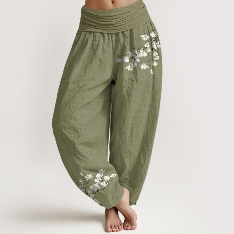 Pantaloni harem da donna con elastico in vita, in puro cotone, con motivo a fiori di magnolia, modello Buddha Stones - Verde oliva - US16, UK/AU20, EU48 (3XL) - image 14