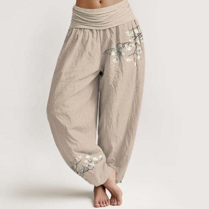Pantaloni harem da donna con elastico in vita, in puro cotone, con motivo a fiori di magnolia, modello Buddha Stones - Tan - US16, UK/AU20, EU48 (3XL) - image 11