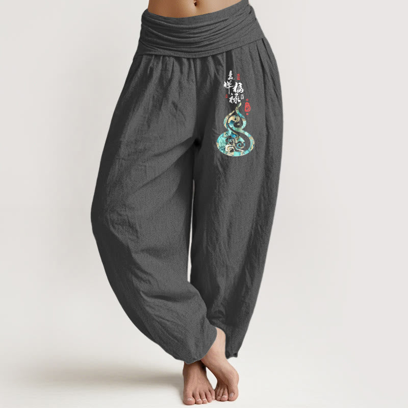 Pantaloni harem da donna in puro cotone con elastico in vita e motivo a zucca, motivo con caratteri cinesi Buddha Stones - Grigio scuro - US16, UK/AU20, EU48 (3XL) - image 8