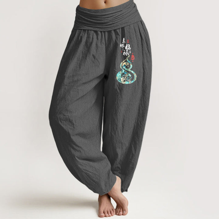 Pantaloni harem da donna in puro cotone con elastico in vita e motivo a zucca, motivo con caratteri cinesi Buddha Stones - Grigio scuro - US16, UK/AU20, EU48 (3XL) - image 8