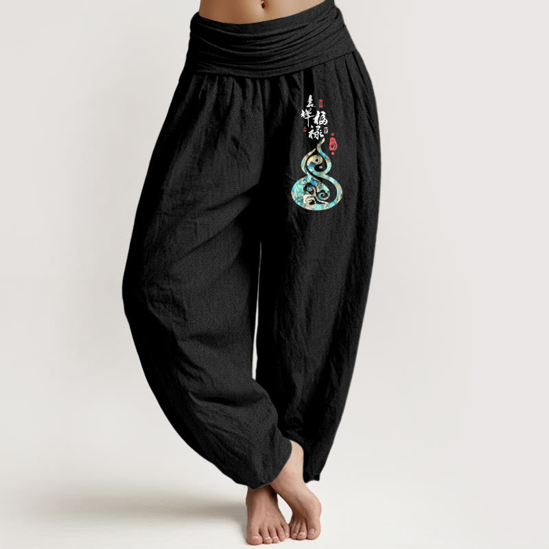 Pantaloni harem da donna in puro cotone con elastico in vita e motivo a zucca, motivo con caratteri cinesi Buddha Stones - Nero - US16, UK/AU20, EU48 (3XL) - image 0