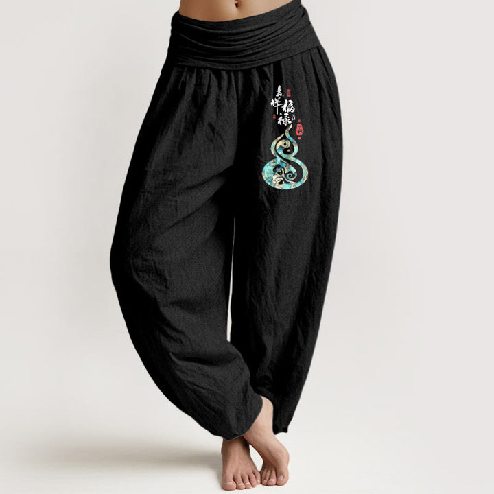 Pantaloni harem da donna in puro cotone con elastico in vita e motivo a zucca, motivo con caratteri cinesi Buddha Stones - Nero - US16, UK/AU20, EU48 (3XL) - image 0