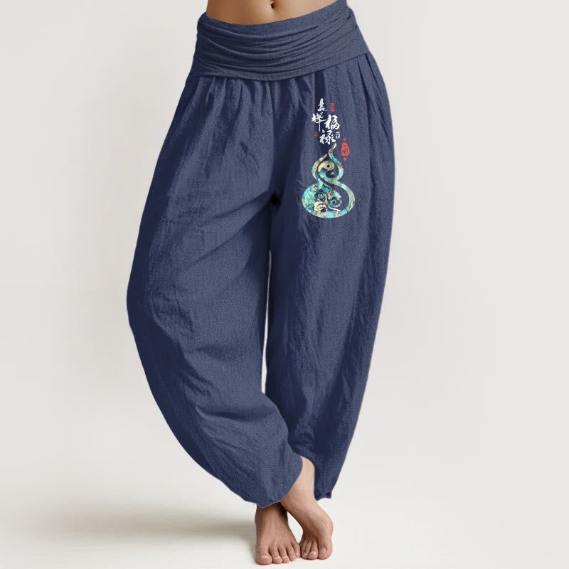 Pantaloni harem da donna in puro cotone con elastico in vita e motivo a zucca, motivo con caratteri cinesi Buddha Stones - DarkSlateBlue - US16, UK/AU20, EU48 (3XL) - image 5