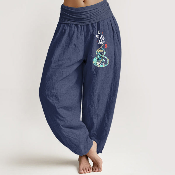 Pantaloni harem da donna in puro cotone con elastico in vita e motivo a zucca, motivo con caratteri cinesi Buddha Stones - DarkSlateBlue - US16, UK/AU20, EU48 (3XL) - image 5