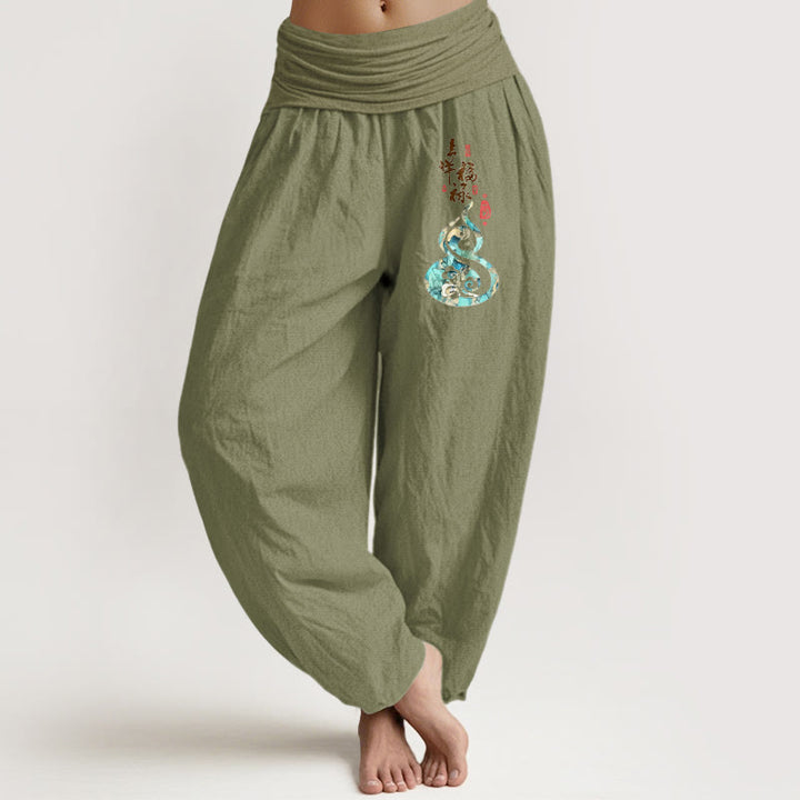 Pantaloni harem da donna in puro cotone con elastico in vita e motivo a zucca, motivo con caratteri cinesi Buddha Stones - Verde oliva - US16, UK/AU20, EU48 (3XL) - image 14
