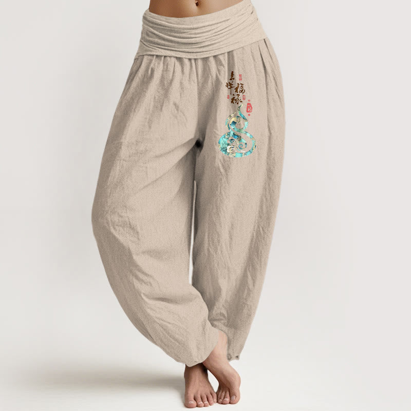 Pantaloni harem da donna in puro cotone con elastico in vita e motivo a zucca, motivo con caratteri cinesi Buddha Stones - Abbronzatura - US16, UK/AU20, EU48 (3XL) - image 11