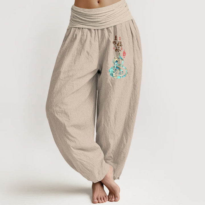 Pantaloni harem da donna in puro cotone con elastico in vita e motivo a zucca, motivo con caratteri cinesi Buddha Stones - Abbronzatura - US16, UK/AU20, EU48 (3XL) - image 11