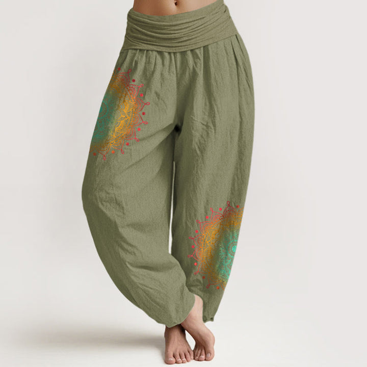 Pantaloni harem da donna con elastico in vita, in puro cotone, stile semplice, motivo mandala, motivo Buddha Stones - Verde oliva - US16, UK/AU20, EU48 (3XL) - image 14