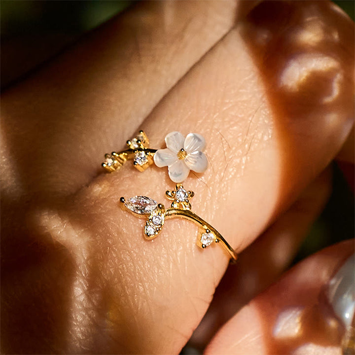 Anello di benedizione regolabile con motivo floreale bianco in argento sterling 925 Buddha Stones - image 23