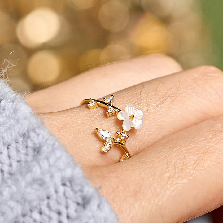 Anello di benedizione regolabile con motivo floreale bianco in argento sterling 925 Buddha Stones - image 20