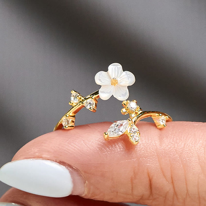 Anello di benedizione regolabile con motivo floreale bianco in argento sterling 925 Buddha Stones - image 19