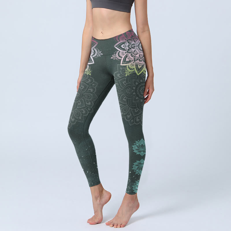 Leggings da palestra con stampa di Buddha Stones, mandala, fiori di loto, pantaloni da yoga da donna - Verde scuro - US18, UK/AU22, EU50 (4XL) - image 0