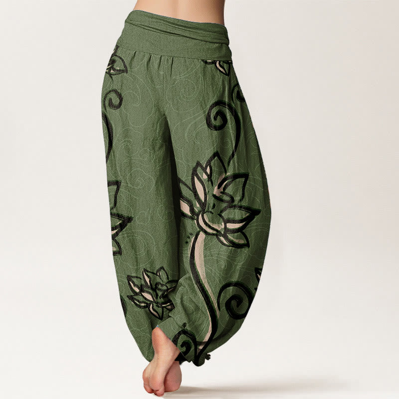 Pantaloni harem da donna con elastico in vita, in cotone, casual, motivo: Buddha Stones Lotus e nuvole di buon auspicio - image 1