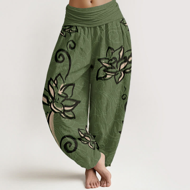 Pantaloni harem da donna con elastico in vita, in cotone, casual, motivo: Buddha Stones Lotus e nuvole di buon auspicio - Verde Mare Medio - US22, UK/AU26, EU54 (6XL) - image 0