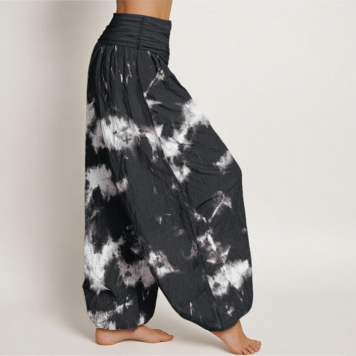 Pantaloni harem da donna con elastico in vita, motivo tie-dye, in cotone con linee bianche e pois, motivo Buddha Stones - image 1