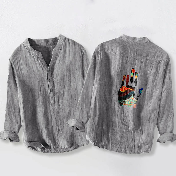 Camicia da uomo in cotone e lino a maniche lunghe con motivo architettonico, impronte Buddha Stones - image 5