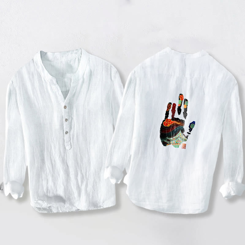 Camicia da uomo in cotone e lino a maniche lunghe con motivo architettonico, impronte Buddha Stones - image 8