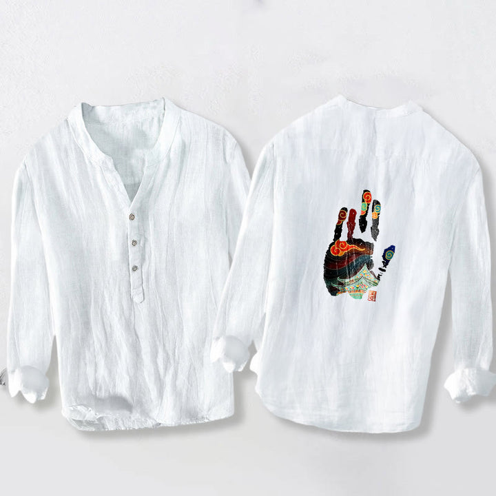 Camicia da uomo in cotone e lino a maniche lunghe con motivo architettonico, impronte Buddha Stones - image 8