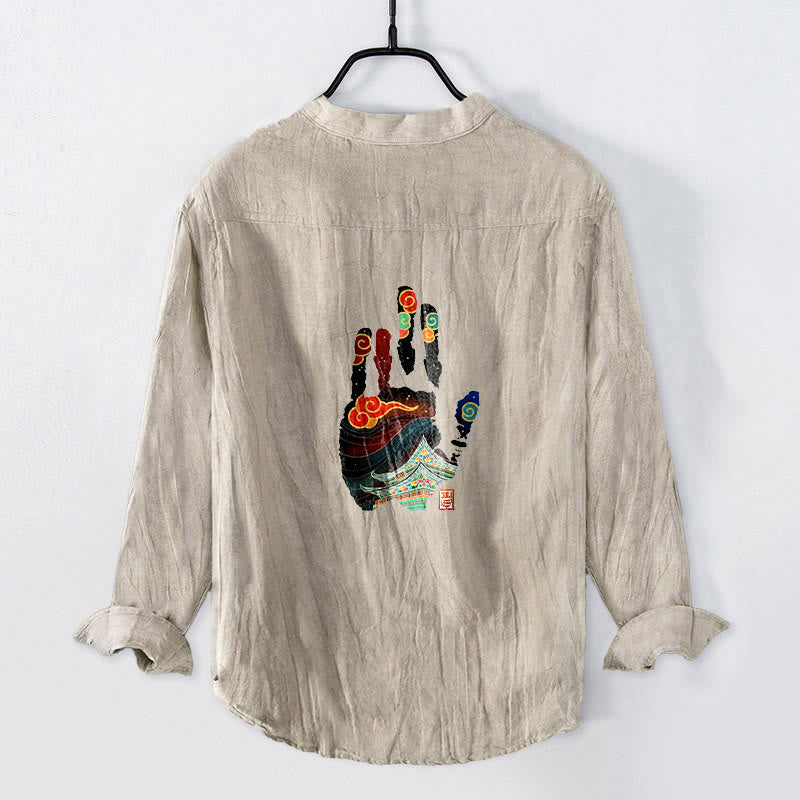 Camicia da uomo in cotone e lino a maniche lunghe con motivo architettonico, impronte Buddha Stones - Biancheria - US/UK/AU50, EU60 (5XL) - image 0
