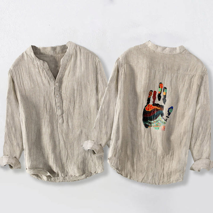 Camicia da uomo in cotone e lino a maniche lunghe con motivo architettonico, impronte Buddha Stones - image 2