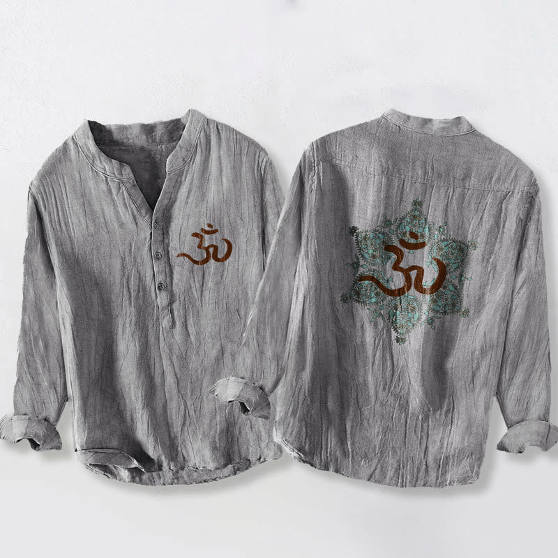 Camicia da uomo in cotone e lino a maniche lunghe con motivo mandala simmetrico e simbolo Om Buddha Stones - Grigio - US/UK/AU50, EU60 (5XL) - image 3