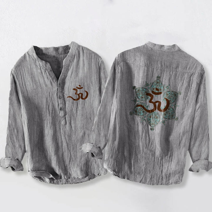 Camicia da uomo in cotone e lino a maniche lunghe con motivo mandala simmetrico e simbolo Om Buddha Stones - Grigio - US/UK/AU50, EU60 (5XL) - image 3