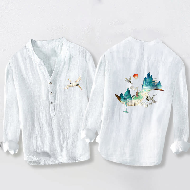 Camicia da uomo in cotone e lino a maniche lunghe con motivo a nuvole e gru, motivo a mezzo bottone, motivo Buddha Stones Mountains - Bianco - US/UK/AU50, EU60 (5XL) - image 6