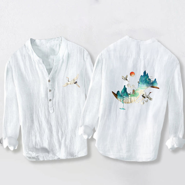 Camicia da uomo in cotone e lino a maniche lunghe con motivo a nuvole e gru, motivo a mezzo bottone, motivo Buddha Stones Mountains - Bianco - US/UK/AU50, EU60 (5XL) - image 6