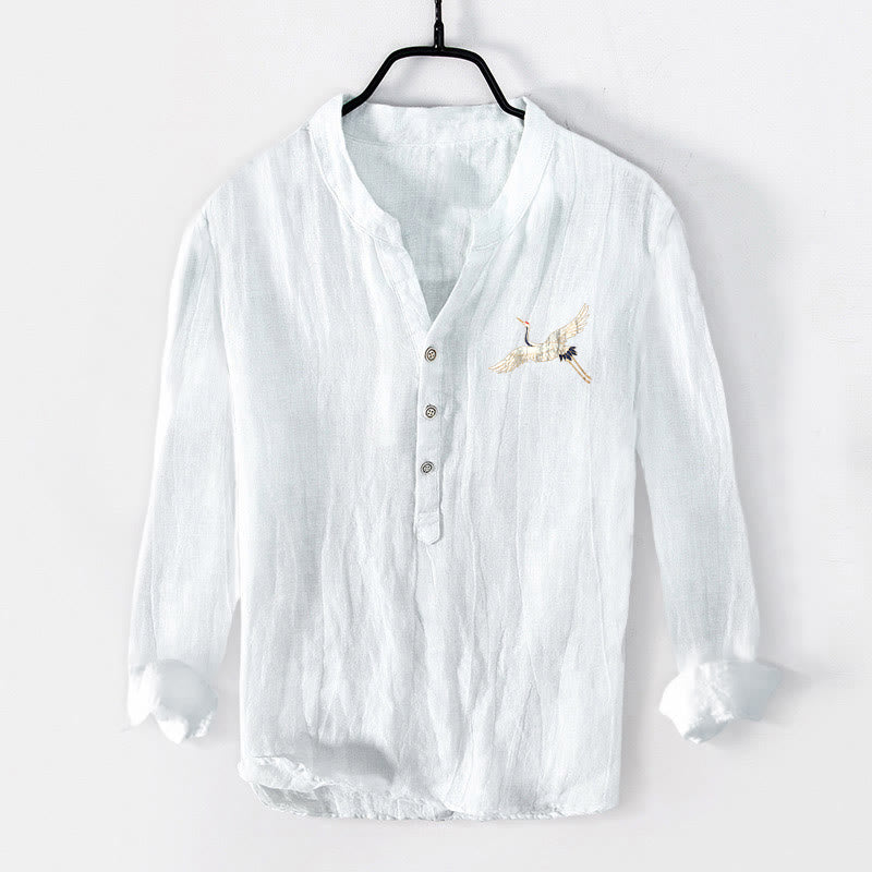 Camicia da uomo in cotone e lino a maniche lunghe con motivo a nuvole e gru, motivo a mezzo bottone, motivo Buddha Stones Mountains - image 7