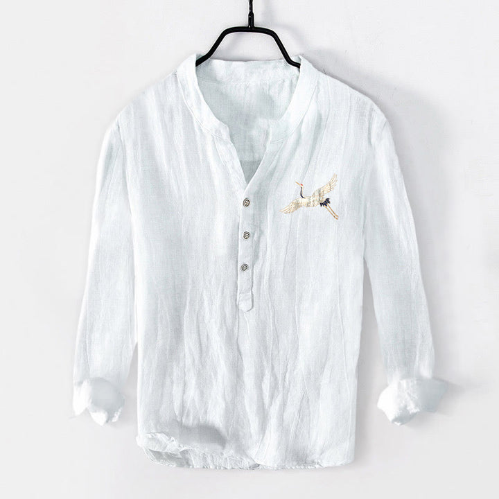 Camicia da uomo in cotone e lino a maniche lunghe con motivo a nuvole e gru, motivo a mezzo bottone, motivo Buddha Stones Mountains - image 7