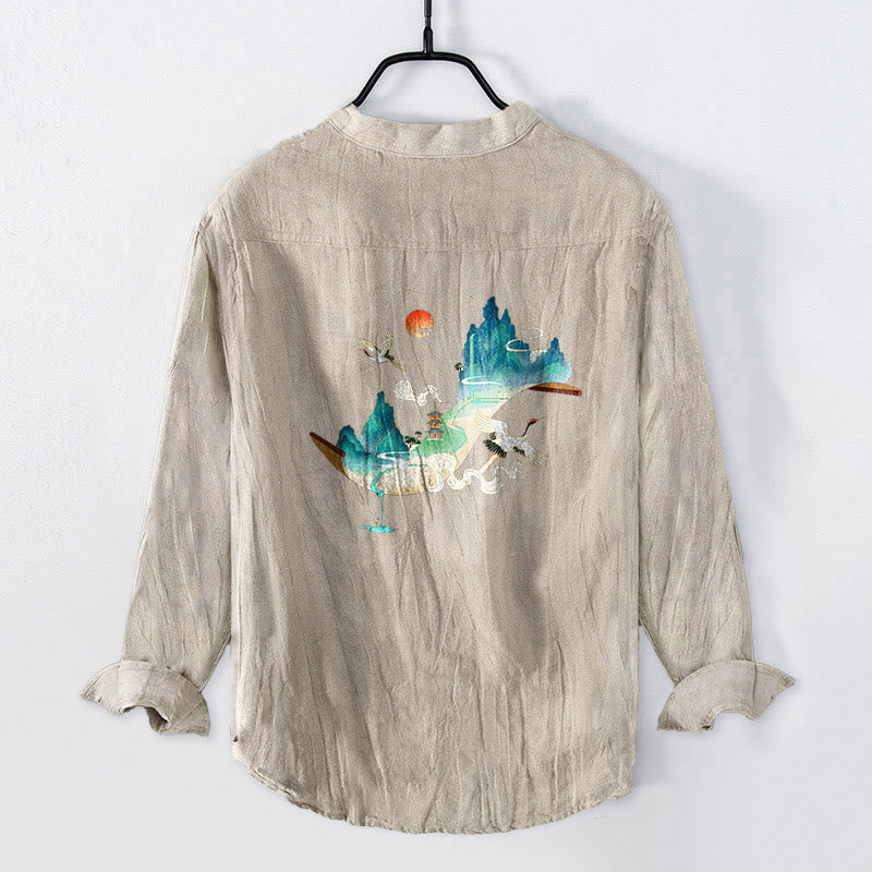 Camicia da uomo in cotone e lino a maniche lunghe con motivo a nuvole e gru, motivo a mezzo bottone, motivo Buddha Stones Mountains - image 5