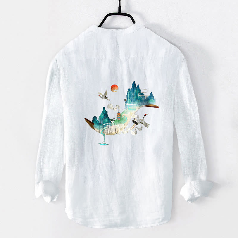 Camicia da uomo in cotone e lino a maniche lunghe con motivo a nuvole e gru, motivo a mezzo bottone, motivo Buddha Stones Mountains - image 8