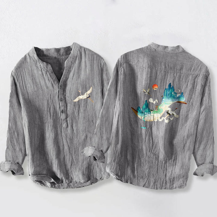 Camicia da uomo in cotone e lino a maniche lunghe con motivo a nuvole e gru, motivo a mezzo bottone, motivo Buddha Stones Mountains - Grigio - US/UK/AU50, EU60 (5XL) - image 0