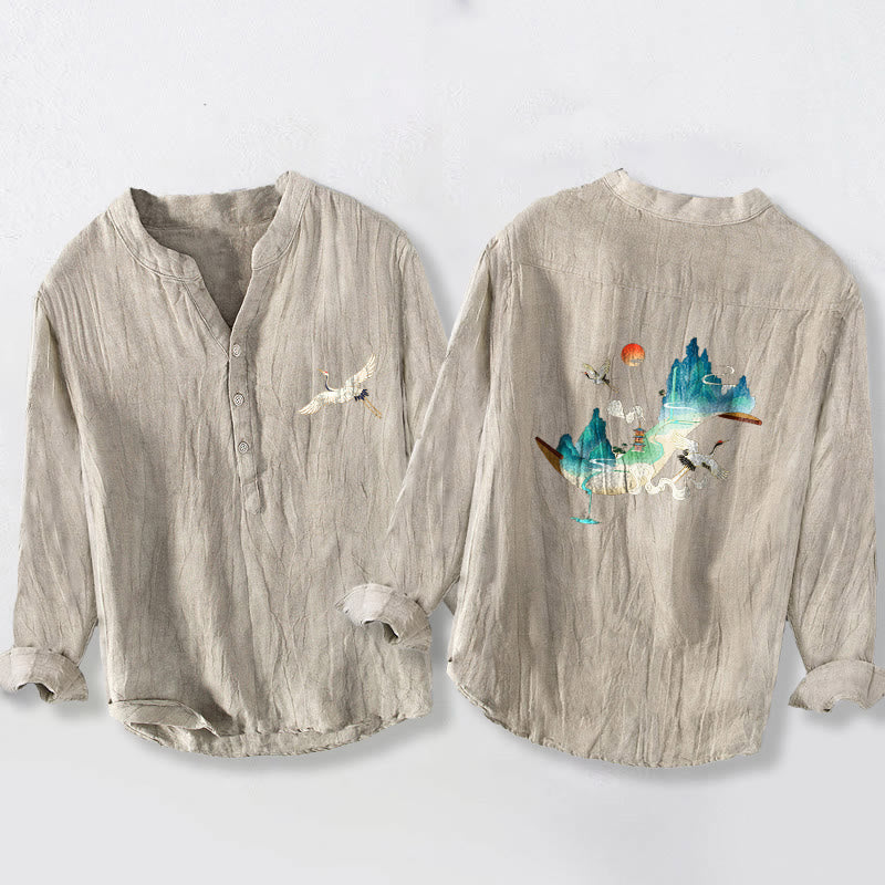 Camicia da uomo in cotone e lino a maniche lunghe con motivo a nuvole e gru, motivo a mezzo bottone, motivo Buddha Stones Mountains - Biancheria - US/UK/AU50, EU60 (5XL) - image 3