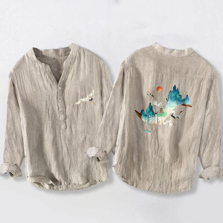 Camicia da uomo in cotone e lino a maniche lunghe con motivo a nuvole e gru, motivo a mezzo bottone, motivo Buddha Stones Mountains - Biancheria - US/UK/AU50, EU60 (5XL) - image 3