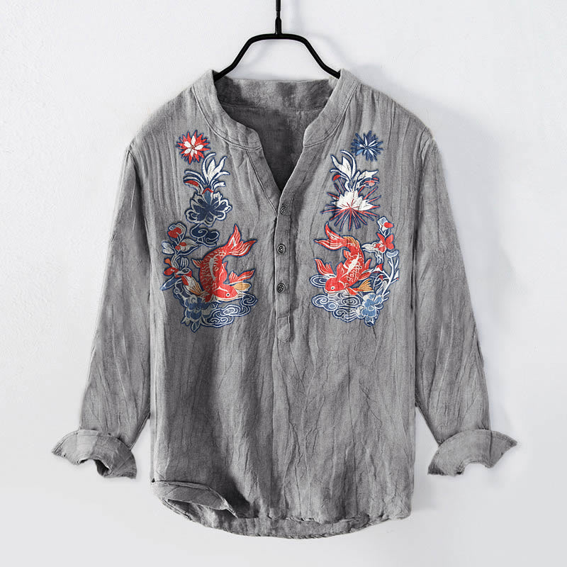 Camicia da uomo a maniche lunghe in cotone e lino con motivo floreale Buddha Stones, pesci koi - Grigio - US/UK/AU50, EU60 (5XL) - image 3