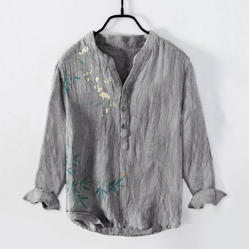 Camicia a maniche lunghe da uomo in cotone e lino con motivo Buddha Stones, foglie di bambù e fiori di prugna bianca - Grigio - US/UK/AU50, EU60 (5XL) - image 3