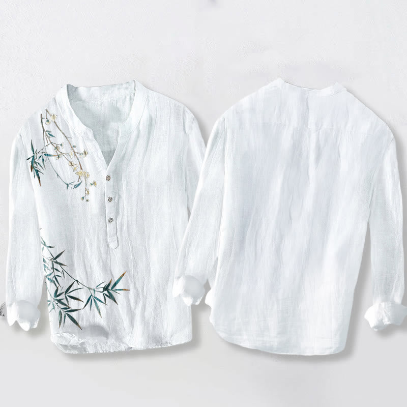 Camicia a maniche lunghe da uomo in cotone e lino con motivo Buddha Stones, foglie di bambù e fiori di prugna bianca - image 8