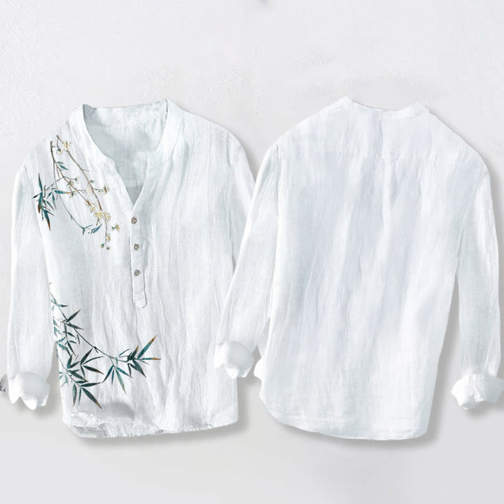 Camicia a maniche lunghe da uomo in cotone e lino con motivo Buddha Stones, foglie di bambù e fiori di prugna bianca - image 8